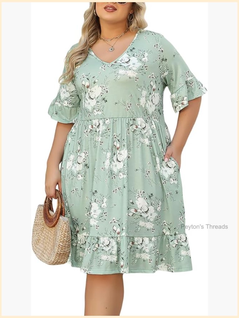 Plus Size Midi Babydoll Dress Ruffle Short Sleeve Flowy Casual With Pockets